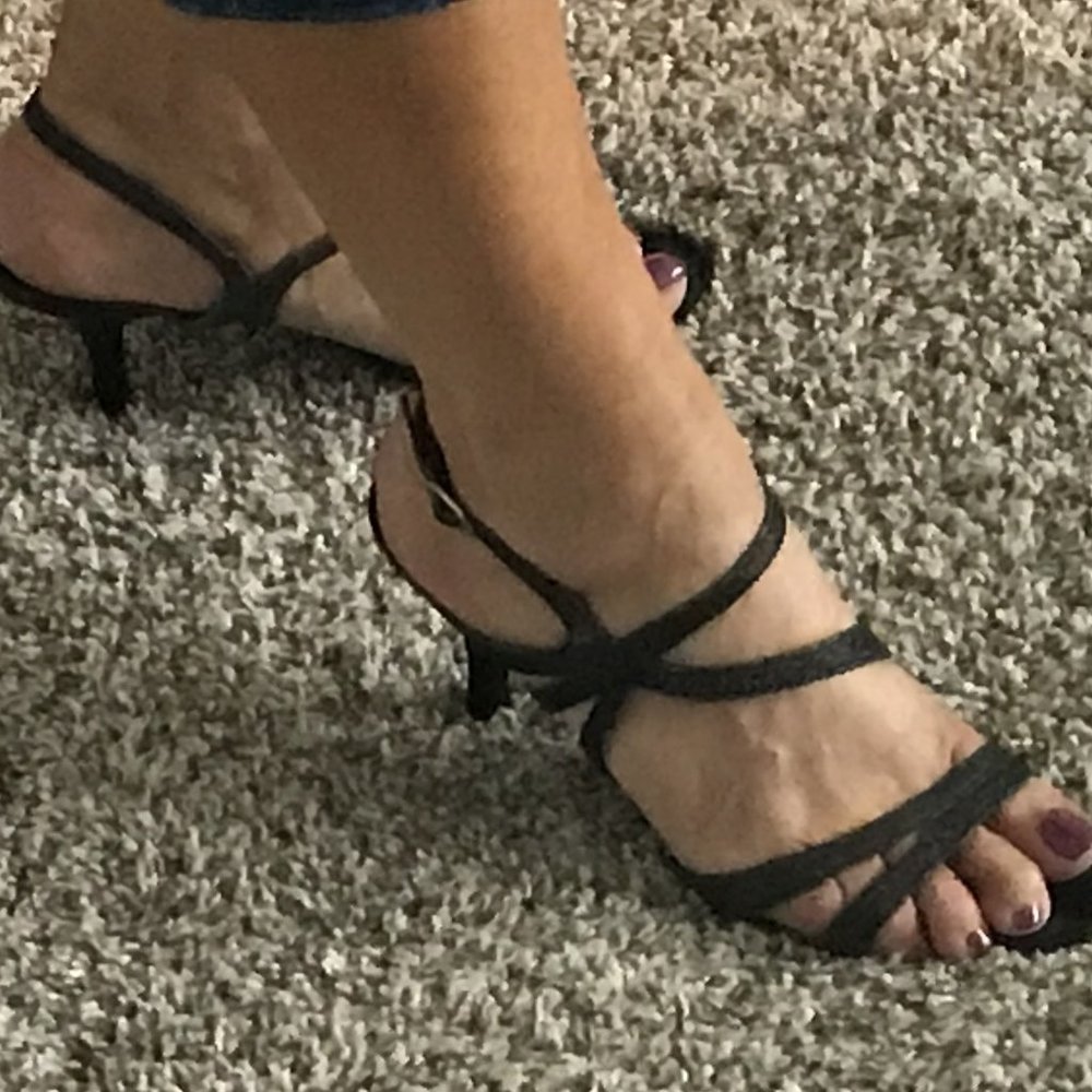 Black strappy evening heels (glittery )